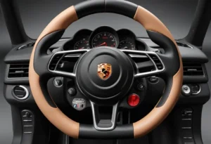 Close-up of Porsche steering wheel showcasing customization options with unique materials colors and stitching emphasizing Porsche steering wheel personalization