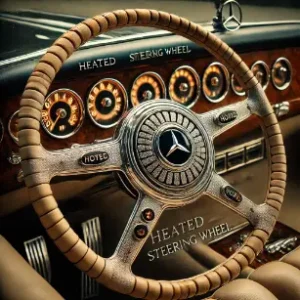 Close-up of older heated steering wheel of Mercedes-Benz showing historical background 