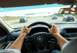 Driver experiencing steering wheel wobble while driving on a highway steering wheel shaking with hands gripping tightly showing steering wheel repair need