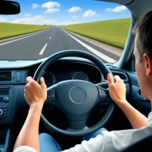 Driver holding steering wheel visibly tilted showing steering wheel alignment issue while driving straight road dashboard in motion