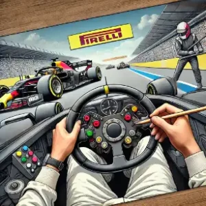 Driver in the cockpit of a Formula 1 car on the track adjusting the steering wheel with buttons and switches during a race with other cars and pit crew in the background.