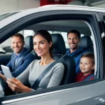 Family in SUV with focus on steering wheel alignment woman holding tablet in driver's seat man in passenger seat child in backseat