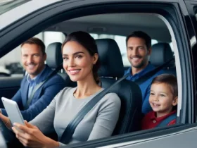 Family in SUV with focus on steering wheel alignment woman holding tablet in driver's seat man in passenger seat child in backseat