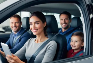 Family in SUV with focus on steering wheel alignment woman holding tablet in driver's seat man in passenger seat child in backseat