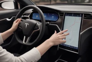 Hand interacting with touch-sensitive buttons and haptic feedback on the Yoke Tesla steering wheel in a Model S Plaid showing advanced technology