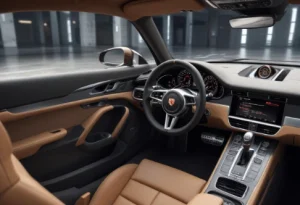 Interior of a Porsche car showcasing the Porsche steering wheel with advanced controls and buttons emphasizing technological advancements in design