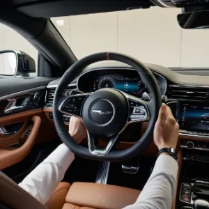 Luxurious car interior featuring a yoke steering wheel with premium leather seats advanced digital dashboard driver's hand resting on yoke steering wheel