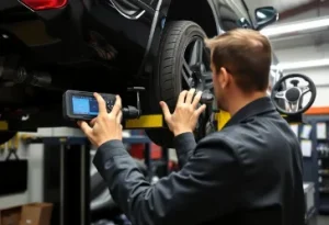 Mechanic inspecting car wheel alignment to diagnose and repair steering wheel issues, focusing on steering system solutions for improved performance.