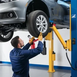 Mechanic adjusting steering wheel alignment on car lifted in hydraulic lift professional tools alignment machine visible in clean workshop