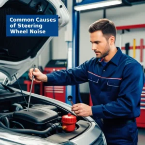 Mechanic checking power steering fluid to identify common causes of noise when turning steering wheel in a car maintenance garage