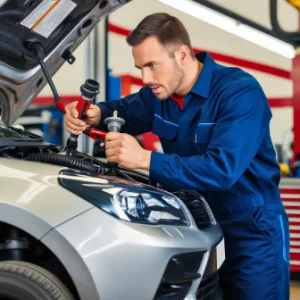 Mechanic inspecting car engine for diagnosing loose steering wheel issues in auto repair shop