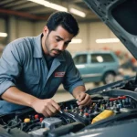 Mechanic inspecting car engine to diagnose noise when turning steering wheel in a professional garage for vehicle maintenance and repair