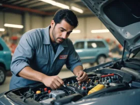 Mechanic inspecting car engine to diagnose noise when turning steering wheel in a professional garage for vehicle maintenance and repair