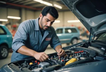 Mechanic inspecting car engine to diagnose noise when turning steering wheel in a professional garage for vehicle maintenance and repair