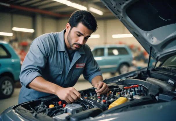 Mechanic inspecting car engine to diagnose noise when turning steering wheel in a professional garage for vehicle maintenance and repair