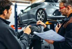 Mechanic providing expert opinion on steering wheel repair using case studies report in a professional garage setting with diagnostic tools visible