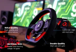 Modern PC steering wheel with textured grip LED lights showing build quality and customization options for immersive gaming setup