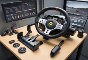 Modern formula 1 steering wheel on a workbench with labeled components such as display screens buttons switches paddles grips in high-tech workshop 