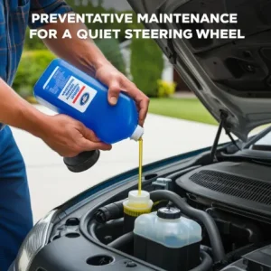  Person adding power steering fluid to car to stop noise when turning steering wheel for quiet driving