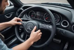  Person customizing yoke steering wheel in a well-lit garage selecting stylish cover with various accessories on table next to car showcasing DIY process