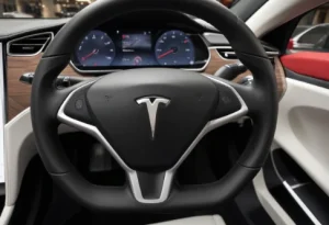  Tesla steering wheel close-up showcasing customization options in showroom highlighting variety of materials colors and finishes available 