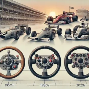 Timeline showing the evolution of the Formula 1 steering wheel with designs from the 1950s, 1980s, and 2020s, set against a backdrop of classic and modern race cars on an old racing track