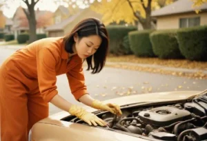 Woman in orange coveralls inspecting car engine for preventing loose steering wheel in residential area during autumn