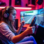 Young girl using PC steering wheel in immersive gaming setup racing simulation experience