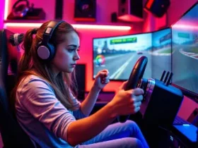 Young girl using PC steering wheel in immersive gaming setup racing simulation experience