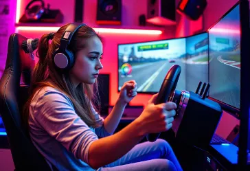 Young girl using PC steering wheel in immersive gaming setup racing simulation experience