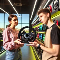 Young man and woman examining gran turismo steering wheel in modern gaming store showcasing technological advancements and various racing peripherals