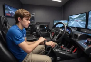 Young man troubleshooting gran turismo steering wheel in gaming room focusing on common issues and solutions with multiple monitors displaying the game