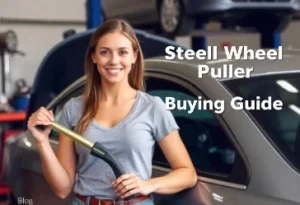 A young woman holding steering wheel puller in auto workshop showing tool for safely removing car steering wheel for vehicle maintenance