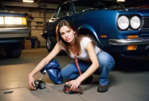 Young woman in a garage inspecting car tools to diagnose noise when turning steering wheel with cars in the background focusing on maintenance