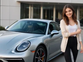 Young woman smiling next to a silver Porsche highlighting the Porsche steering wheel emphasizing advanced design and technology in 2024 options