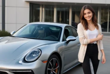 Young woman smiling next to a silver Porsche highlighting the Porsche steering wheel emphasizing advanced design and technology in 2024 options