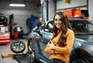 a Girl in automotive workshop smiling next to modern car gesturing at wheels thinking about benifits of wheel alignment and steering alignment