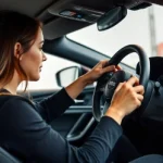 a girl Installing and adjusting high-quality NRG steering wheel in car focusing on optimal setup for improved driving performance