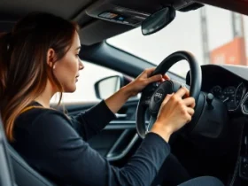 a girl Installing and adjusting high-quality NRG steering wheel in car focusing on optimal setup for improved driving performance