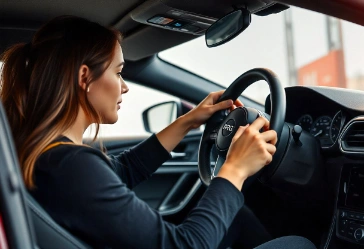 a girl Installing and adjusting high-quality NRG steering wheel in car focusing on optimal setup for improved driving performance