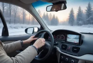 a  picture of a person driving a car on a cold winter morning, with visible warm breath and frosty surroundings.