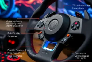 A Modern PC steering wheel with textured grip LED lights showing build quality and customization options for immersive gaming setup