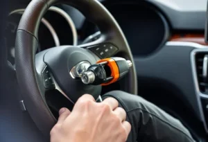 an innovative steering wheel club securely locked onto a car’s steering wheel, showing advanced security features