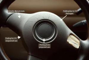 close-up of leather steering wheel with cracks fading and peeling highlighting issues for leather steering wheel repair common problems