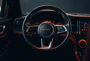 close up of sleek SRT steering wheel with integrated controls high quality leather wrap and ergonomic shape in performance car