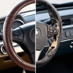 comparison of well-maintained leather steering wheel and cracked faded neglected steering wheel 