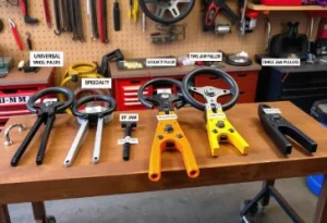 different types of steering wheel pullers displayed on workbench showing universal pullers two jaw and three jaw tools for removing steering wheel
