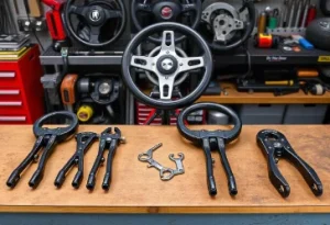 different types of steering wheel pullers displayed on workbench showing universal pullers two jaw and three jaw tools for removing steering wheel