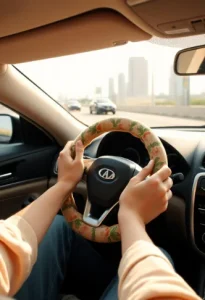 driver’s hands gripping steering wheel with comfortable cover enhancing grip and driving experience