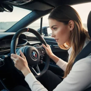 female driver adjusting yoke steering wheel in her car focusing on ergonomic setup car interior visible ensuring comfort and control